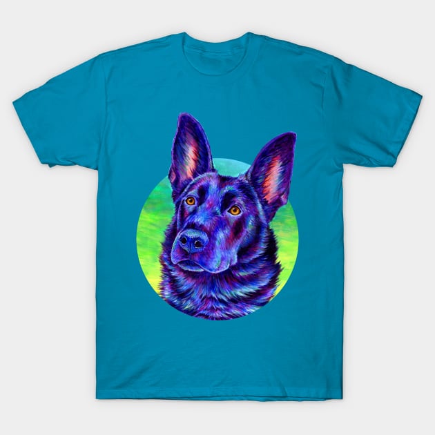 Colorful Black German Shepherd Dog T-Shirt by rebeccawangart